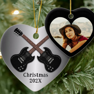 Adorno De Cerámica Guitarras Eléctricas Foto Corazón Navidad