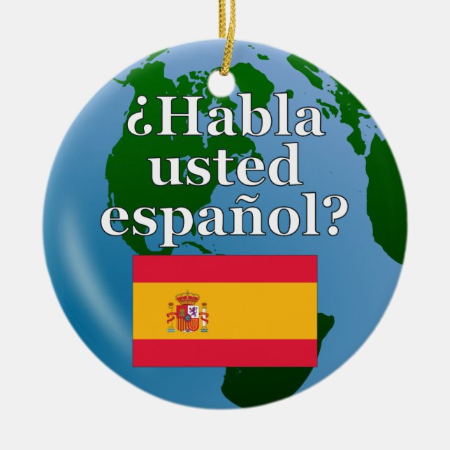 Adorno De Cerámica ¿Hablas español? en español. Bandera y globo (Frente)