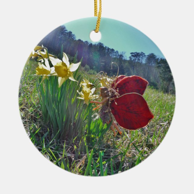 Adorno De Cerámica hada de ala roja y daffodis (Frente)