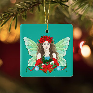 Adorno De Cerámica Hada de Navidad Morena Rojo Verde Poinsettias