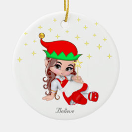 Adorno De Cerámica Hada de Navidad vestida de rojo y estrellas