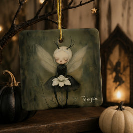 Adorno De Cerámica Hada gótica oscura con flor nombre personalizado y