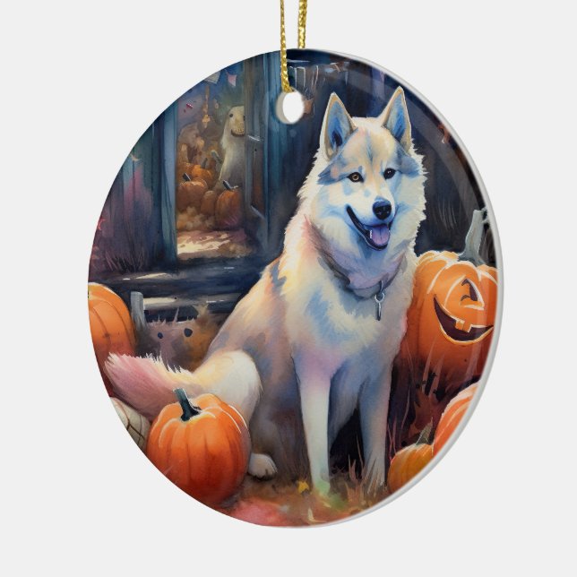 Adorno De Cerámica Halloween Alaskan Malamute con calabazas aterrador (Izquierda)