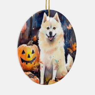Adorno De Cerámica Halloween American Akita con calabazas aterradoras