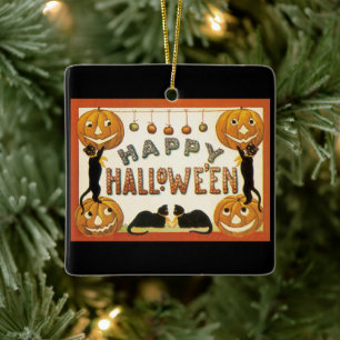 Adorno De Cerámica Halloween antiguo, gatos negros con Jackolanterns