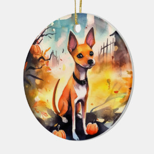 Adorno De Cerámica Halloween Basenji con calabazas temerosas
