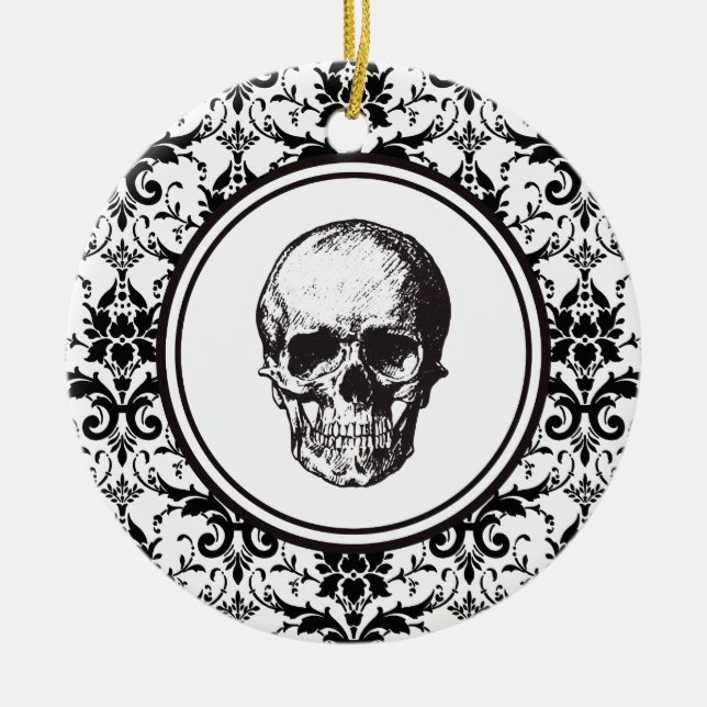 Adorno De Cerámica HALLOWEEN Black Damask Pattern Skull Personalizado (Frente)