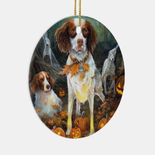 Adorno De Cerámica Halloween Brittany Spaniel con Calabazas Espeluzna