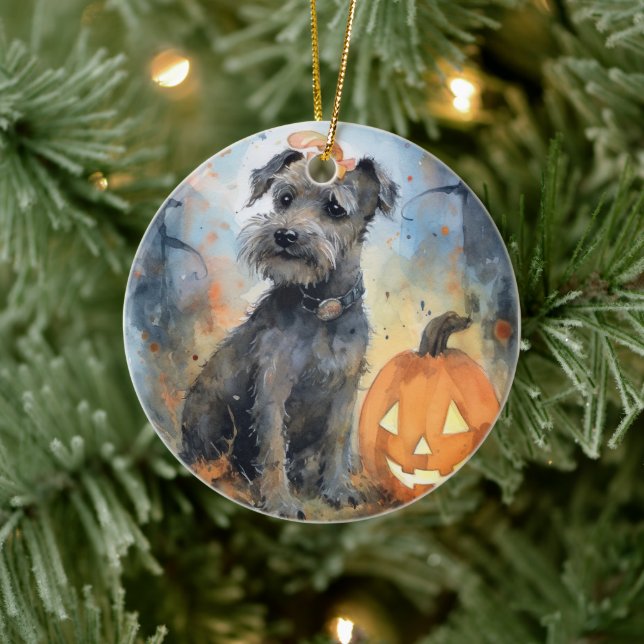 Adorno De Cerámica Halloween Chesapeake Bay Terrier con calabazas (Árbol)