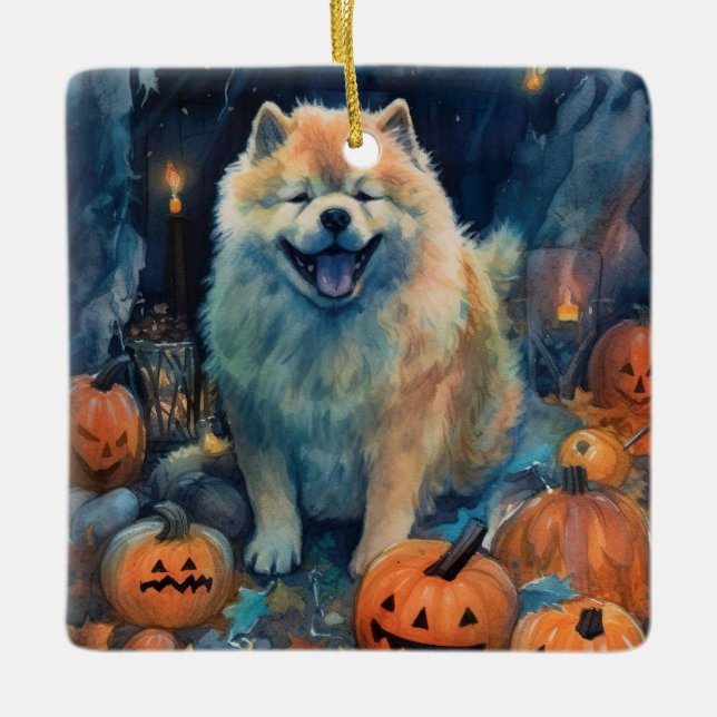 Adorno De Cerámica Halloween Chow Chow Con Calabazas Asustadas (Anverso)