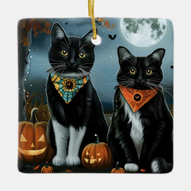 Adorno De Cerámica Halloween con gatos de Tuxedo (Anverso)