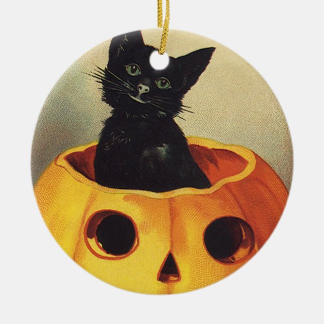 Adorno De Cerámica Halloween con moras de Ellen Clapsaddle, gato vint (Frente)