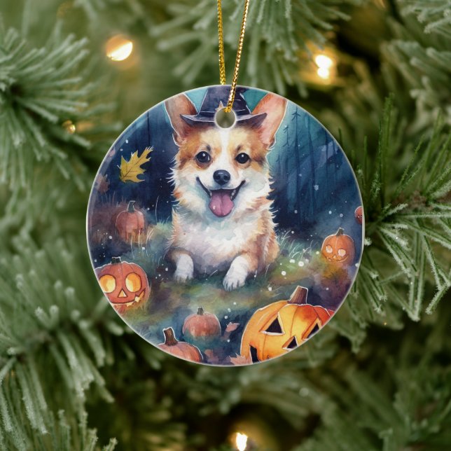 Adorno De Cerámica Halloween Corgi con calabazas aterradoras (Árbol)