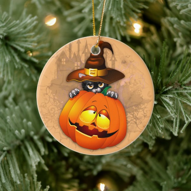 Adorno De Cerámica Halloween Curte Kitty Witch and Pumpkin Friend (Árbol)