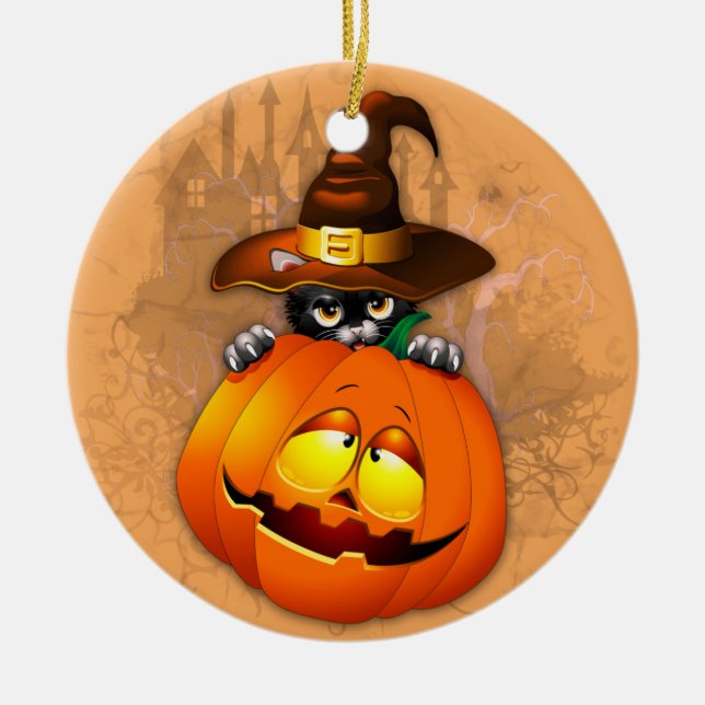 Adorno De Cerámica Halloween Curte Kitty Witch and Pumpkin Friend (Frente)