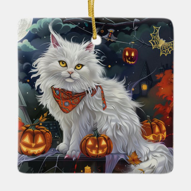 Adorno De Cerámica Halloween de gatos angora turca espeluznante (Anverso)