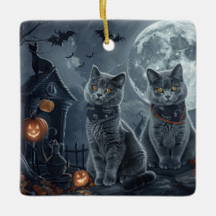 Adorno De Cerámica Halloween de gatos azules rusos espeluznante