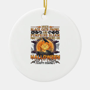 Adorno De Cerámica Halloween Feliz Pesca Gatos Negros Calabazas Cuerv