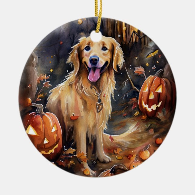 Adorno De Cerámica Halloween Golden Retriever con calabazas aterrador (Frente)