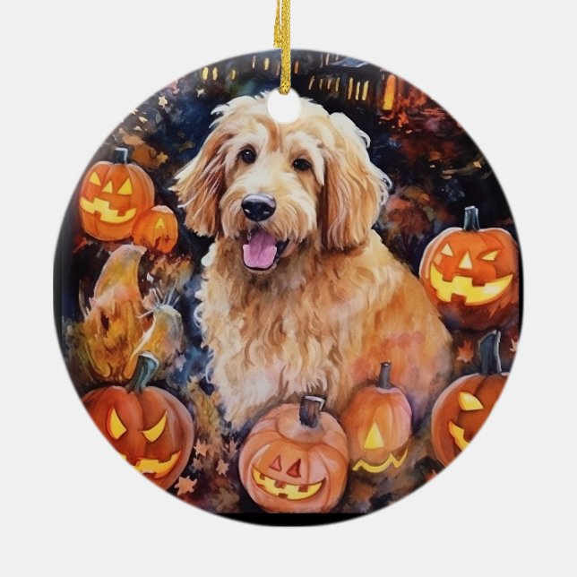 Adorno De Cerámica Halloween Goldendoodle con calabazas aterradoras (Atrás)