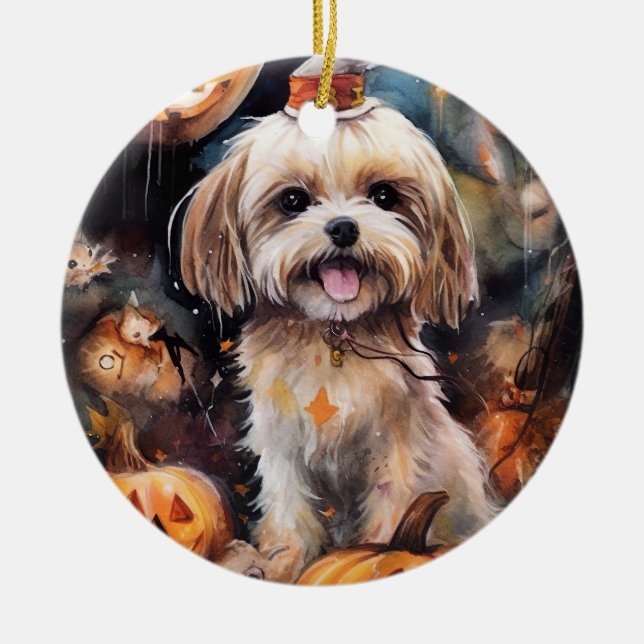 Adorno De Cerámica Halloween Lhasa Apso Con Calabazas Temerosas (Frente)