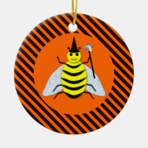 Adorno De Cerámica Halloween Magic Bee Witch Naranja y Black Stripes