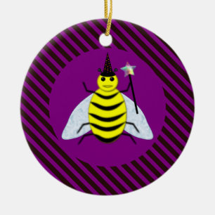 Adorno De Cerámica Halloween Magic Bee Wizard Purple and Black Stripe