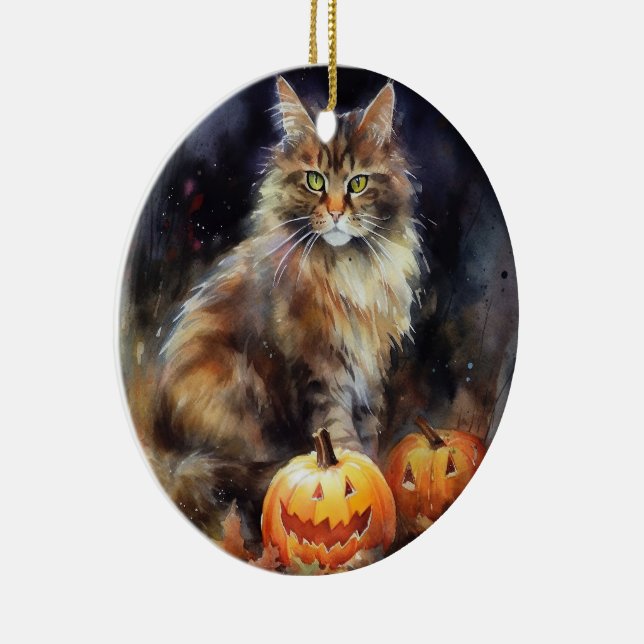 Adorno De Cerámica Halloween Maine Coon Cat Con Calabazas Temerosas (Derecha)