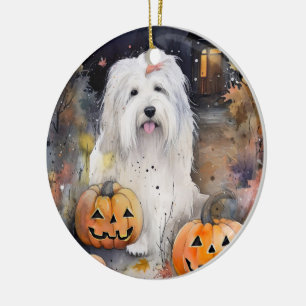 Adorno De Cerámica Halloween Old English Sheepdog con calabazas Espan