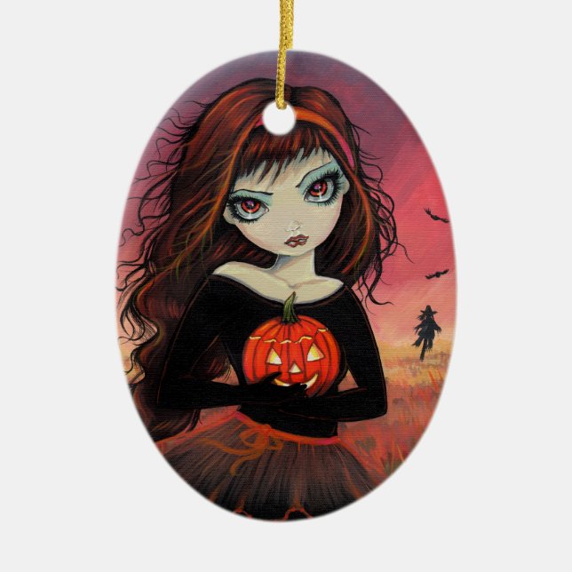 Adorno De Cerámica Halloween Ornament Big Eye Chica con Calabaza (Frente)