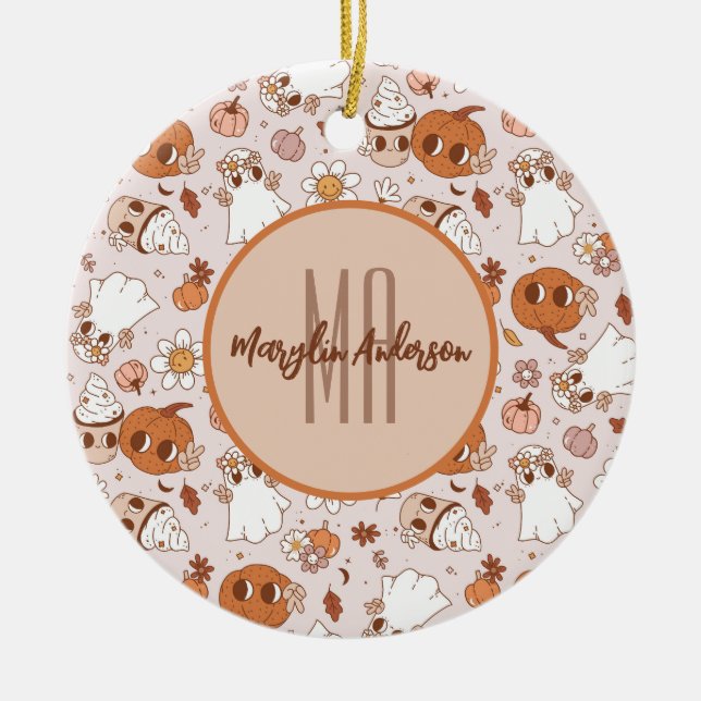 ADORNO DE CERÁMICA HALLOWEEN RETRO GROOVY PUMPKINS Y FANTASMAS (Frente)