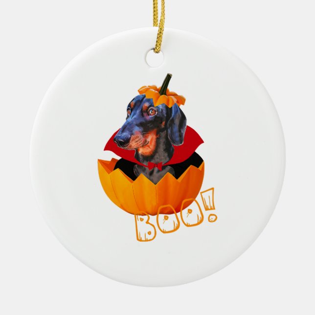 Adorno De Cerámica Halloween Sausage Dog Boo Pumpkin Dachshund (Frente)