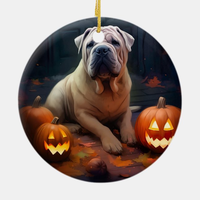 Adorno De Cerámica Halloween Shar Pei con calabazas aterradoras (Atrás)