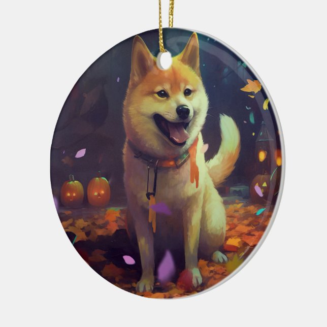 Adorno De Cerámica Halloween Shiba Inu con calabazas aterradoras (Izquierda)
