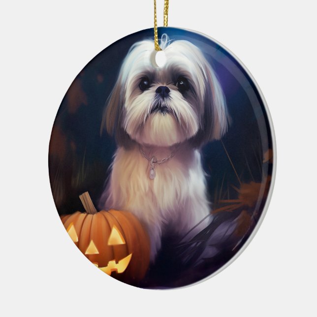 Adorno De Cerámica Halloween Shih Tzu con calabazas aterradoras (Izquierda)