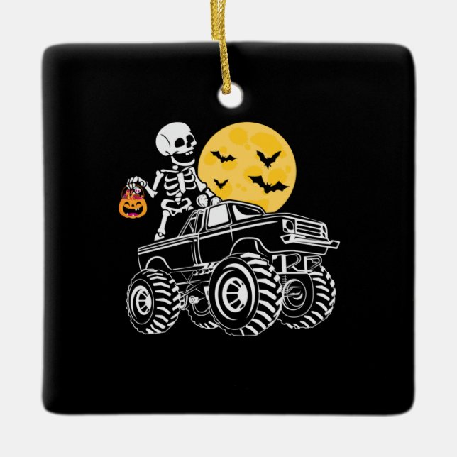 Adorno De Cerámica Halloween Skeleton Riding Truck Cumpleaños (Anverso)