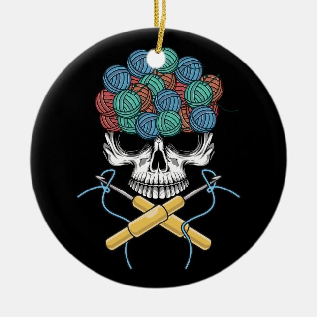 Adorno De Cerámica Halloween Skull Crochet Lover Yarn Funny Skeleton (Frente)