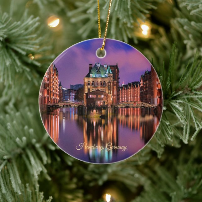 Adorno De Cerámica Hamburgo, Alemania de noche (Árbol)