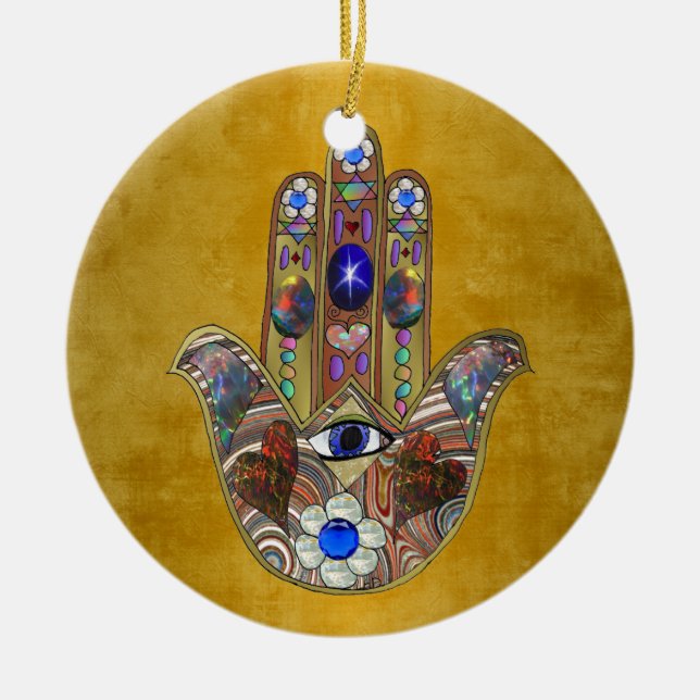 Adorno De Cerámica Hamsa Hearts Flores: Arte Opal sobre Oro (Frente)