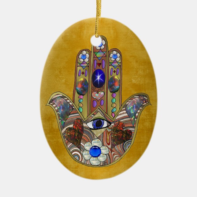 Adorno De Cerámica Hamsa Hearts Flores: Arte Opal sobre Oro (Frente)