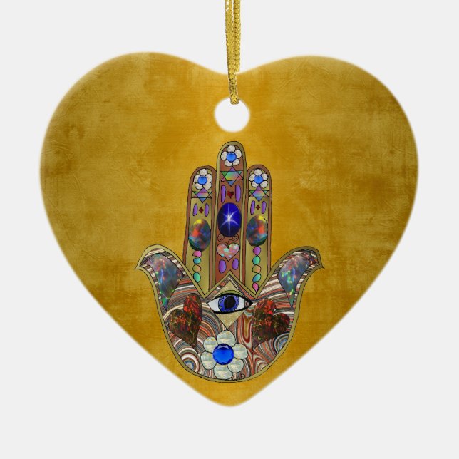 Adorno De Cerámica Hamsa Hearts Flores: Arte Opal sobre Oro (Frente)