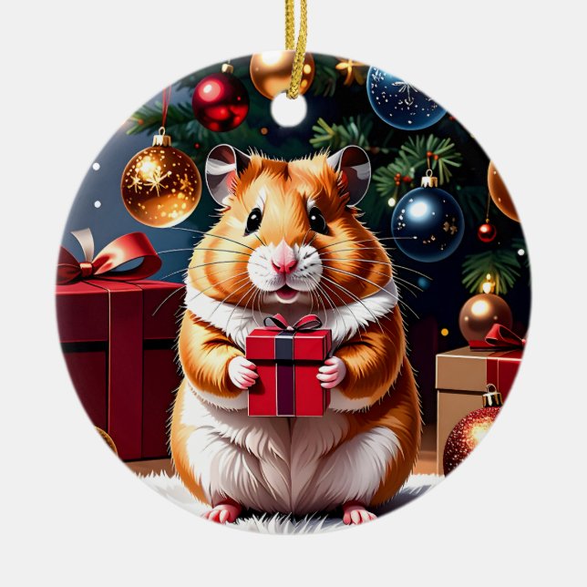 Adorno De Cerámica Hamster con Navidades de regalo (Frente)