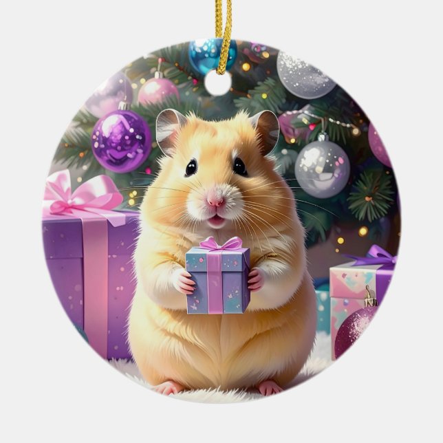 Adorno De Cerámica Hamster con Navidades de regalo (Frente)