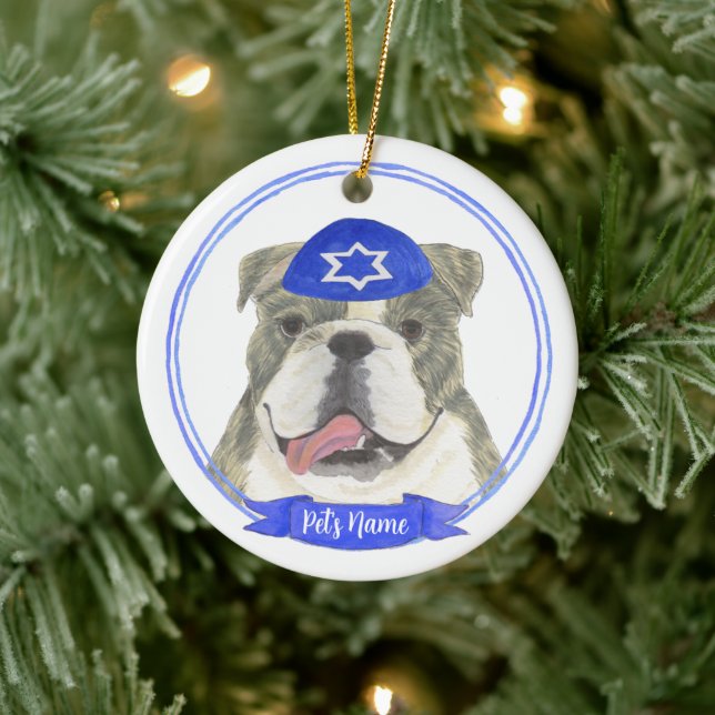 Adorno De Cerámica Hanukkah, Bulldog inglés blanco y brindle (Árbol)