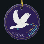 Adorno De Cerámica Hanukkah "DoveLightsMenorah"/Ornamento circular<br><div class="desc">Hanukkah "Dove Lights Menorah/Gold, Blue"/Ornamento Círculo. (2 lados) Para Personalizar, basta con borrar el texto de la parte posterior y delantera del adorno, reemplazándolo con su propio texto usando su estilo de fuente, tamaño y color favorito. El fondo de la parte posterior y frontal del adorno se puede cambiar eligiendo...</div>