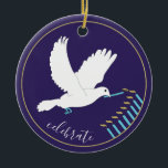 Adorno De Cerámica Hanukkah "DoveLightsMenorah"/Ornamento circular<br><div class="desc">Hanukkah "Dove Lights Menorah/Gold, Blue"/Ornamento Círculo. (2 lados) Para Personalizar, basta con borrar el texto de la parte posterior y delantera del adorno, reemplazándolo con su propio texto usando su estilo de fuente, tamaño y color favorito. El fondo de la parte posterior y frontal del adorno se puede cambiar eligiendo...</div>