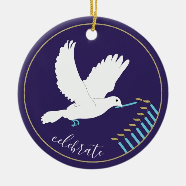 Adorno De Cerámica Hanukkah "DoveLightsMenorah"/Ornamento circular (Frente)