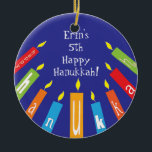 Adorno De Cerámica Hanukkah Feliz Día de las Velas<br><div class="desc">Hanukkah Feliz Ornamento de Velas Coloridas.
Personalice cada lado eliminando texto existente y agregando el suyo propio con su estilo de fuente,  color y tamaño favoritos.  ¡Feliz Hanukkah!
¡Gracias por ir de compras y pasear! ¡Muy apreciado!</div>