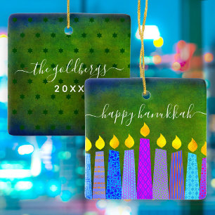 Adorno De Cerámica Hanukkah Menorah Candle Script Name Green Keepsake