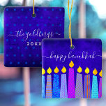 Adorno De Cerámica Hanukkah Menorah Candles on Blue Keepsake Custom<br><div class="desc">“Happy Hanukkah.” A playful, modern, artsy illustration of boho pattern candles helps you usher in the holiday of Hanukkah in style. Assorted blue candles with colorful faux foil patterns overlay a rich, deep blue textured background. On the back, personalize with your family name and year, over a tiny blue Star...</div>